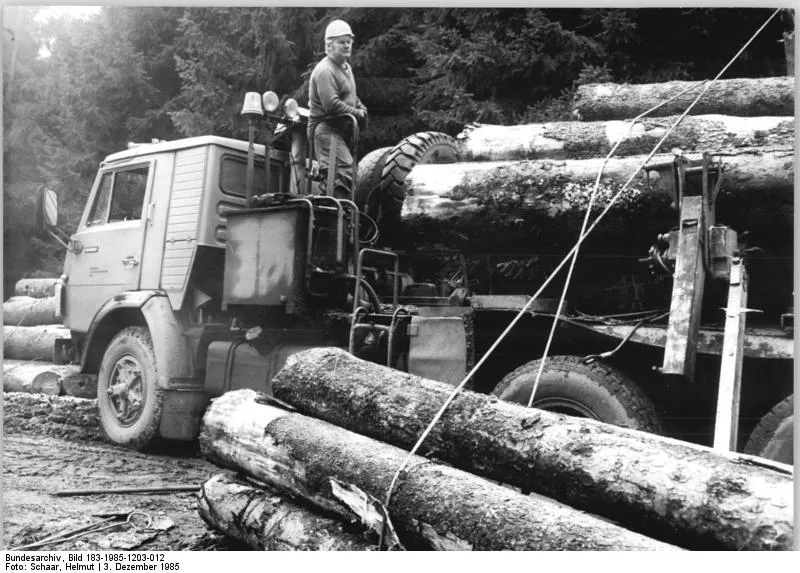 Вывозка древесины автопоездом на базе КамАЗа, ГДР, 1985 год
